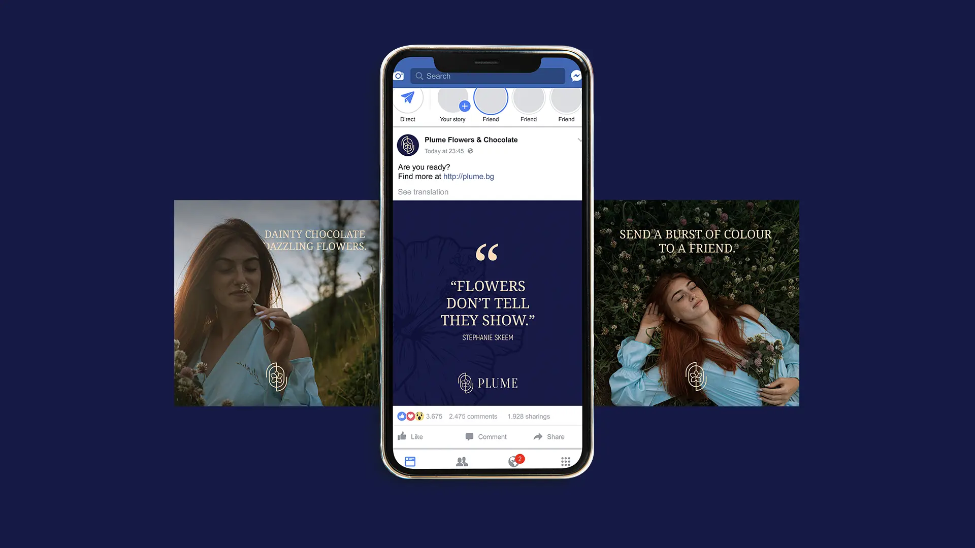 Social media mockup: a Plume Facebook post with a quote reading 'Flowers don't tell, they show' by Stephanie Skeem. On either side are two photo posts of women among wildflowers, with the taglines 'Dainty chocolate, dazzling flowers' and 'Send a burst of colour to a friend'.